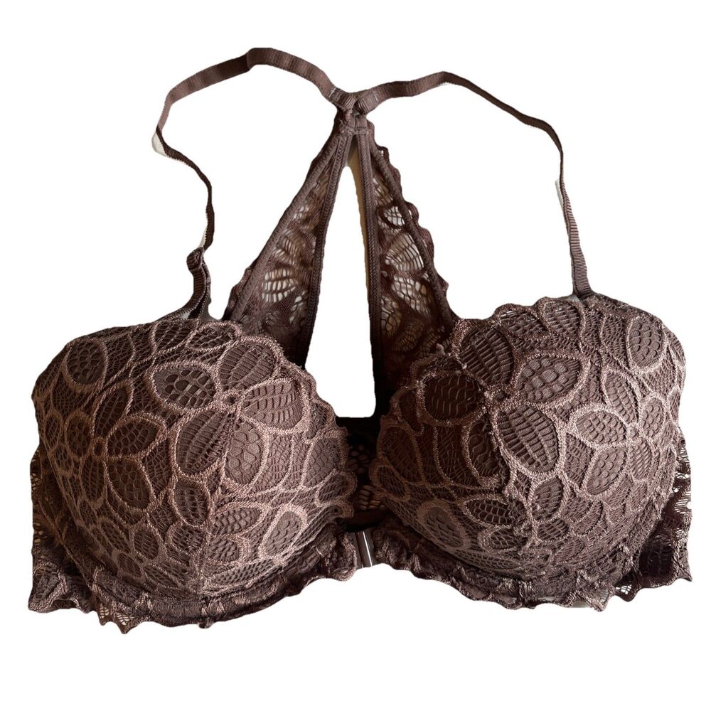 Victoria's Secret PINK Racerback Bra 32D Brown Lace Floral Front Clasp Wire